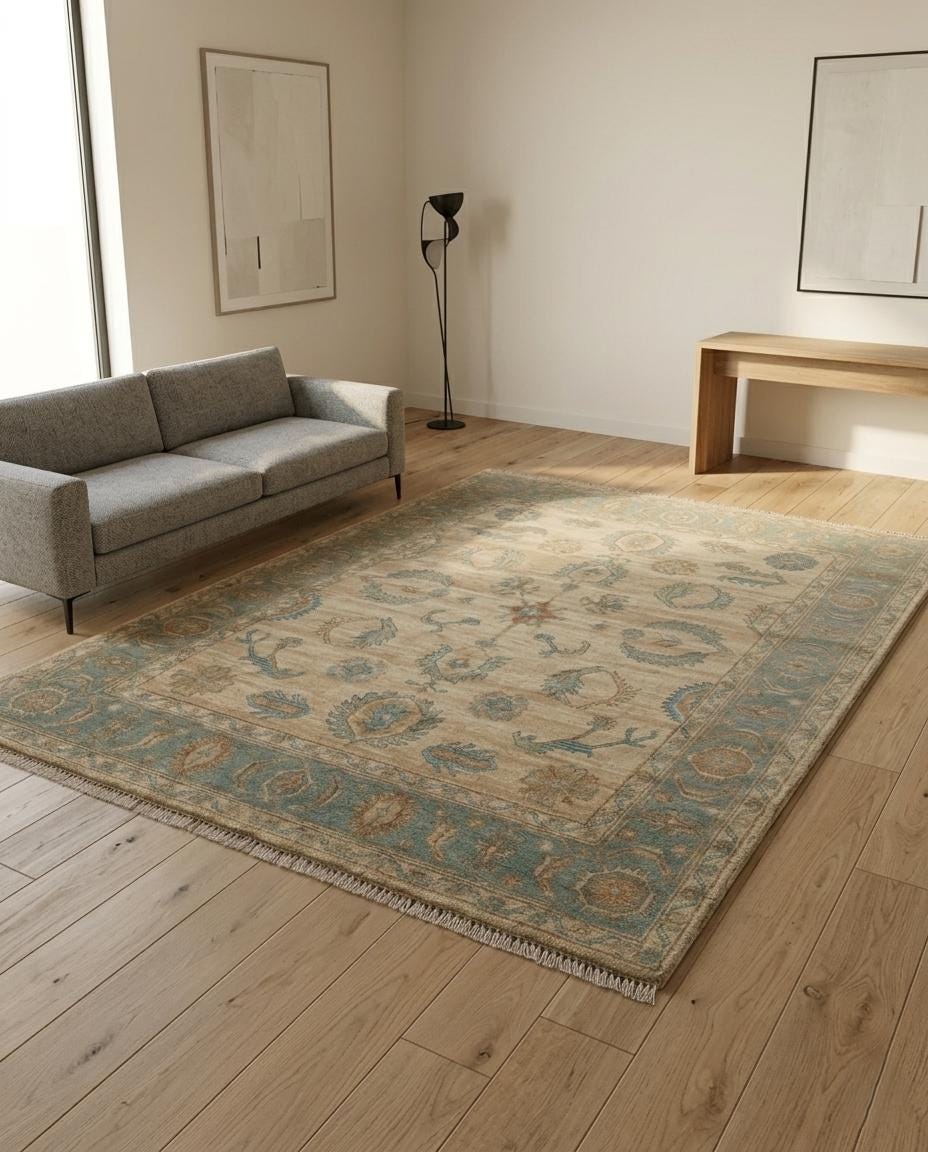 Handmade Oushak Wool Rug, Turkish Floral Carpet, Beige Blue Area Rug