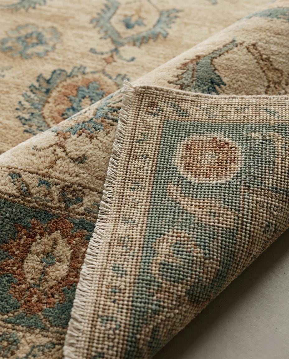 Handmade Oushak Wool Rug, Turkish Floral Carpet, Beige Blue Area Rug