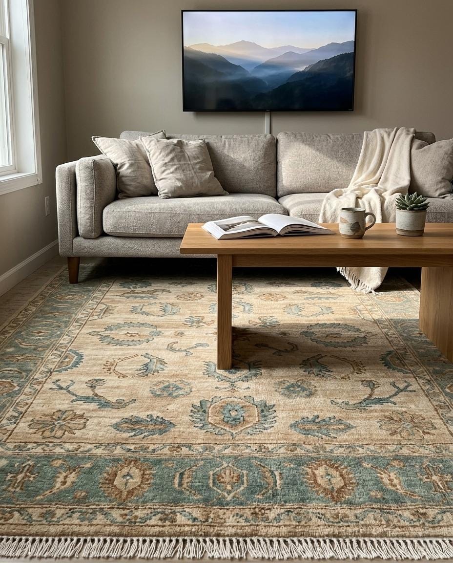 Handmade Oushak Wool Rug, Turkish Floral Carpet, Beige Blue Area Rug
