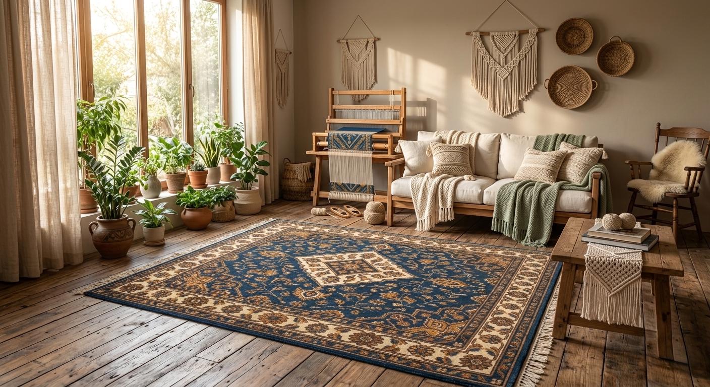 Hand Knotted Wool Area Rug, Blue Persian Style Rug, Vintage Floral Carpet, Traditional Handmade Living Room Rug, Boho Home Decor