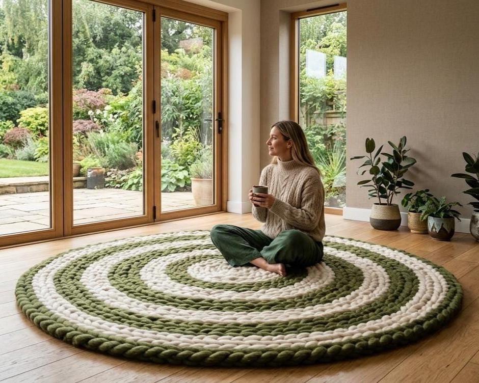 Handmade Chunky Wool Rug, Green Spiral Braided Circle Carpet, Boho Textured Modern Decor