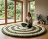 Handmade Chunky Wool Rug, Green Spiral Braided Circle Carpet, Boho Textured Modern Decor