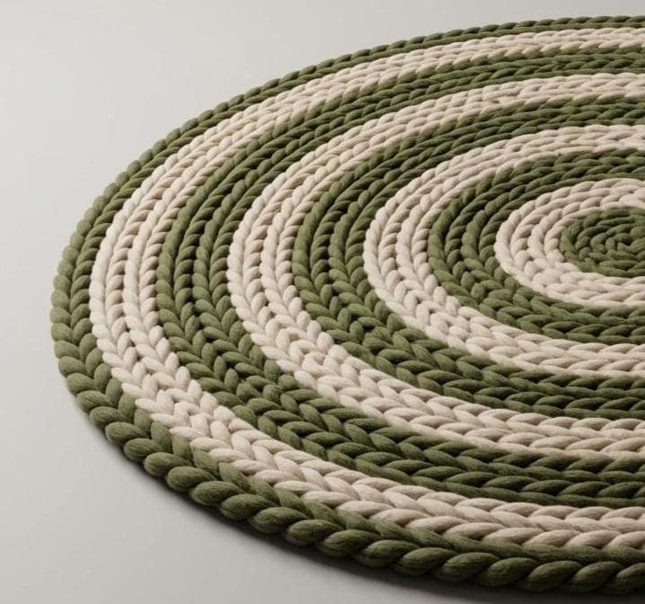 Handmade Chunky Wool Rug, Green Spiral Braided Circle Carpet, Boho Textured Modern Decor