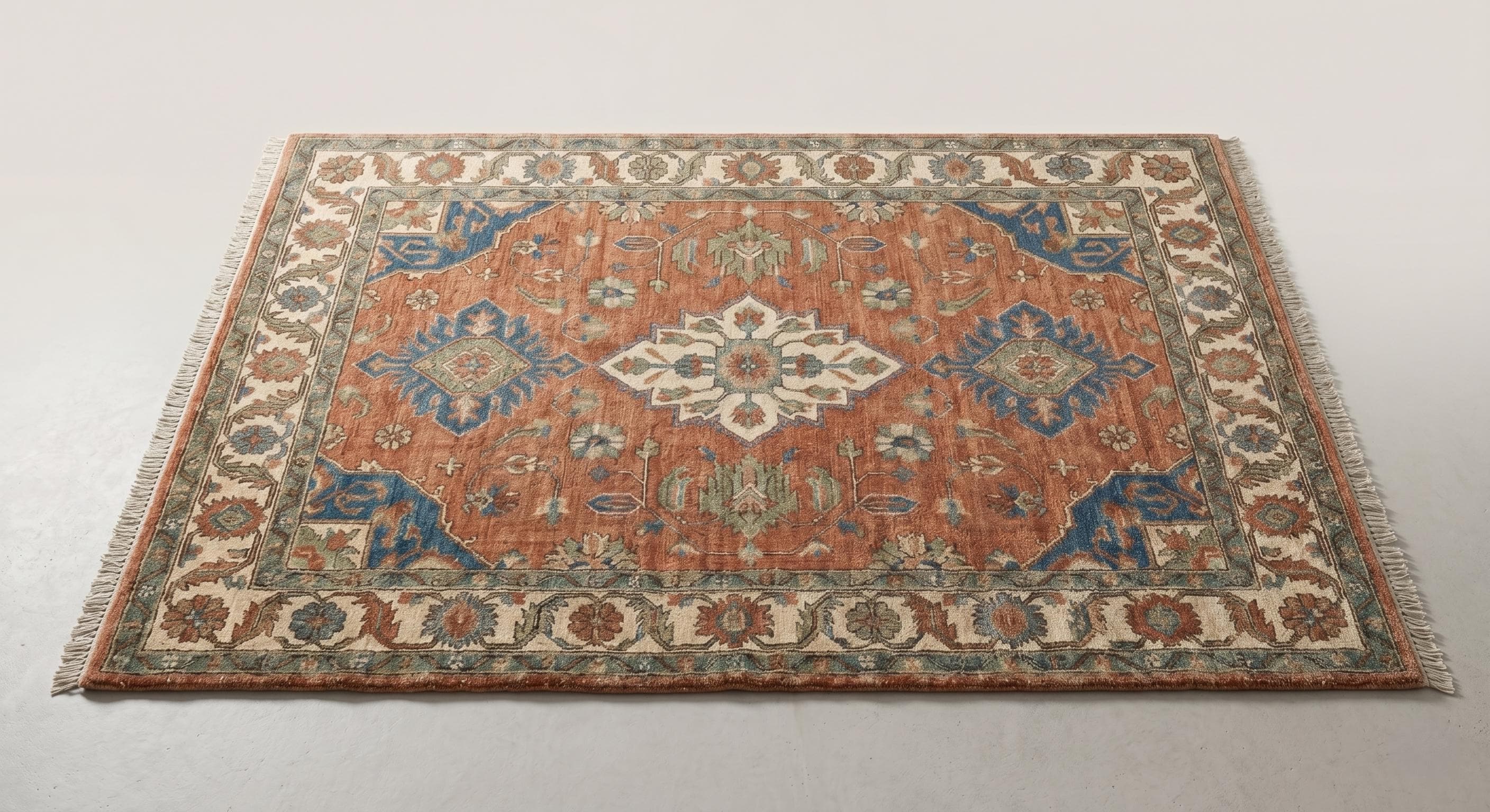 High Quality Hand Knotted Wool Rug, Terracotta Blue Area Rug, Vintage Style Carpet, Traditional Medallion Living Room Rug, Size-12x15,9x12ft