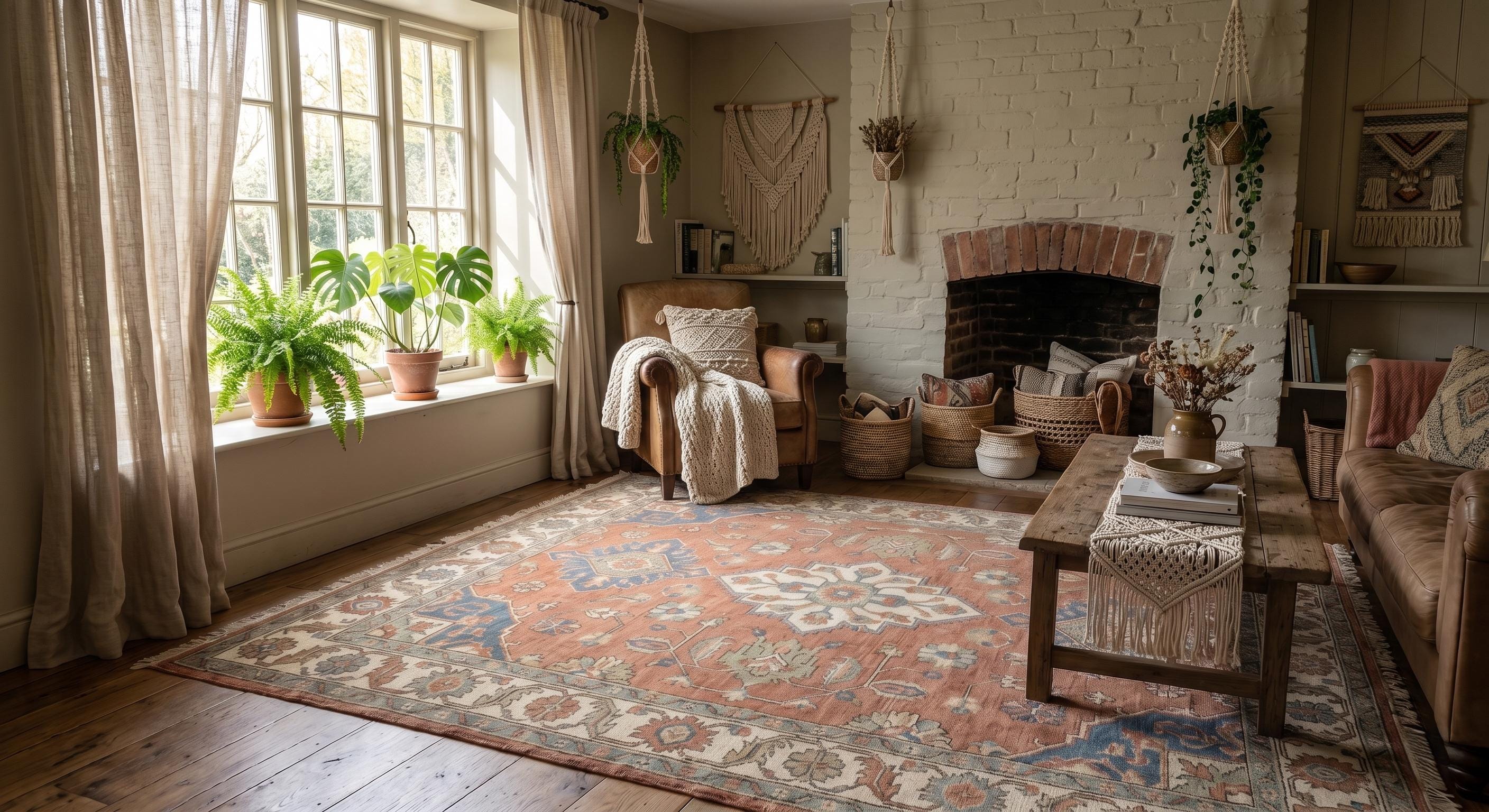High Quality Hand Knotted Wool Rug, Terracotta Blue Area Rug, Vintage Style Carpet, Traditional Medallion Living Room Rug, Size-12x15,9x12ft