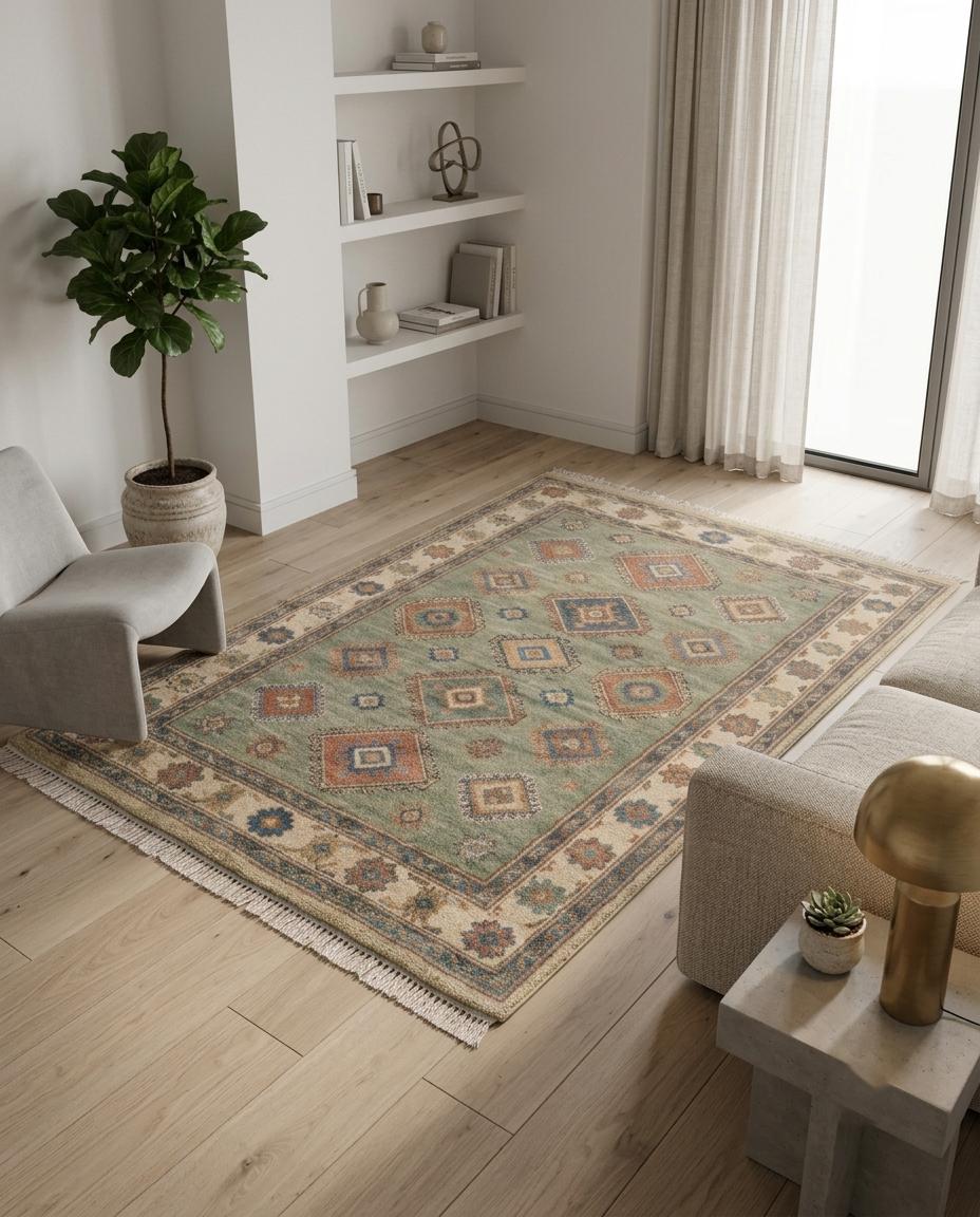 Handmade Wool Kazak Rug, Sage Green Area Rug, Hand Knotted Oriental Rug, Vintage Tribal Carpet, Living Room Rug