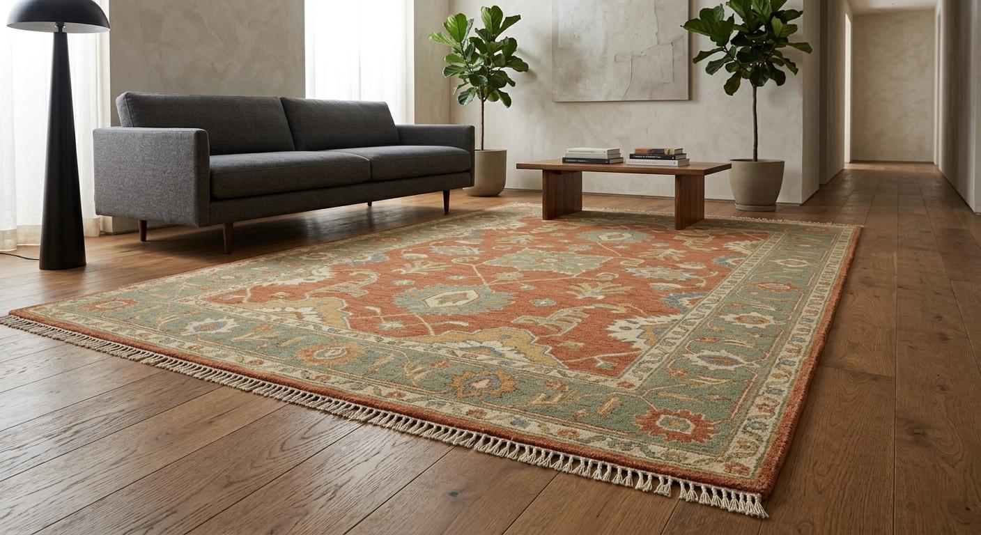 Hand Knotted Oushak Rug, Vintage Wool Area Rug, Terracotta Sage Green Carpet,Bedroom Style Rug, Handmade Living Room Rug, Size- 8x10,12x15ft
