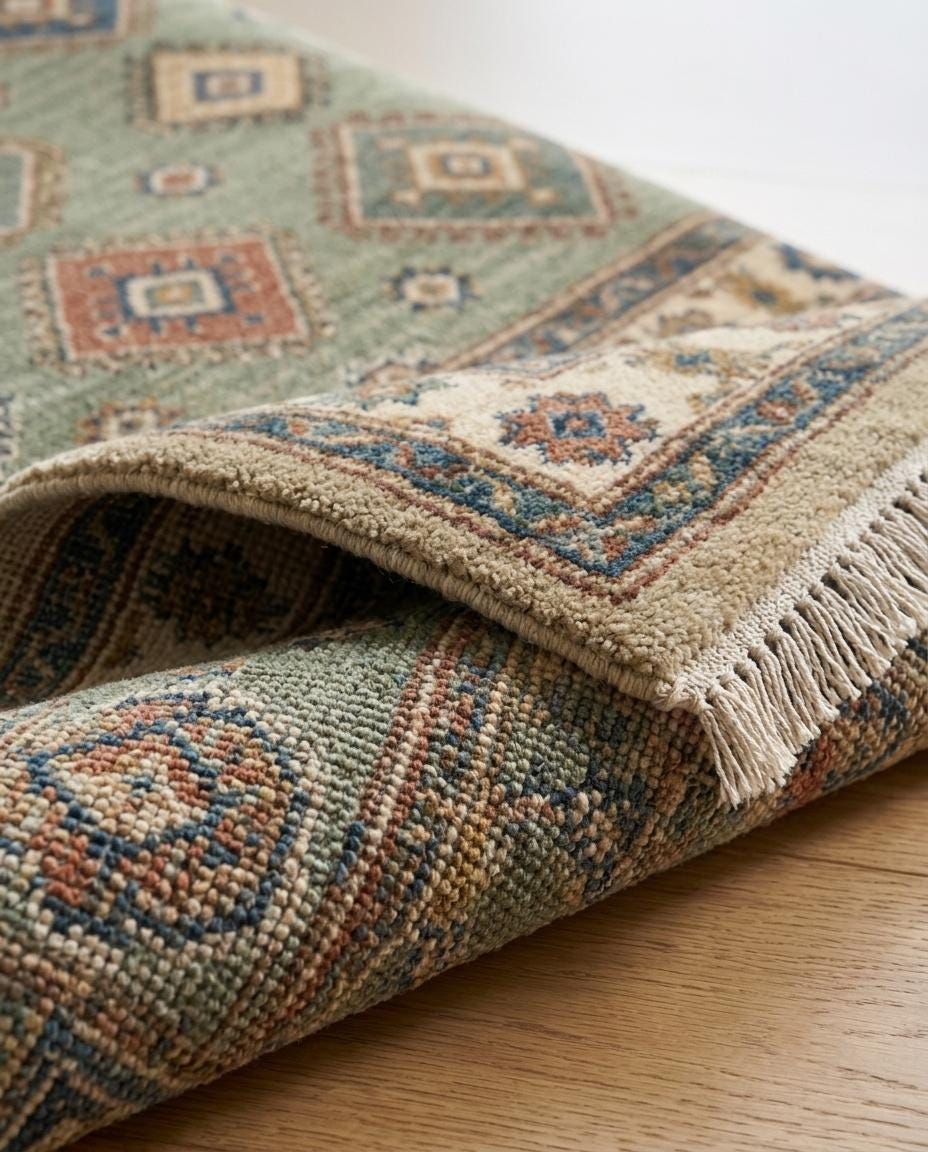 Handmade Wool Kazak Rug, Sage Green Area Rug, Hand Knotted Oriental Rug, Vintage Tribal Carpet, Living Room Rug