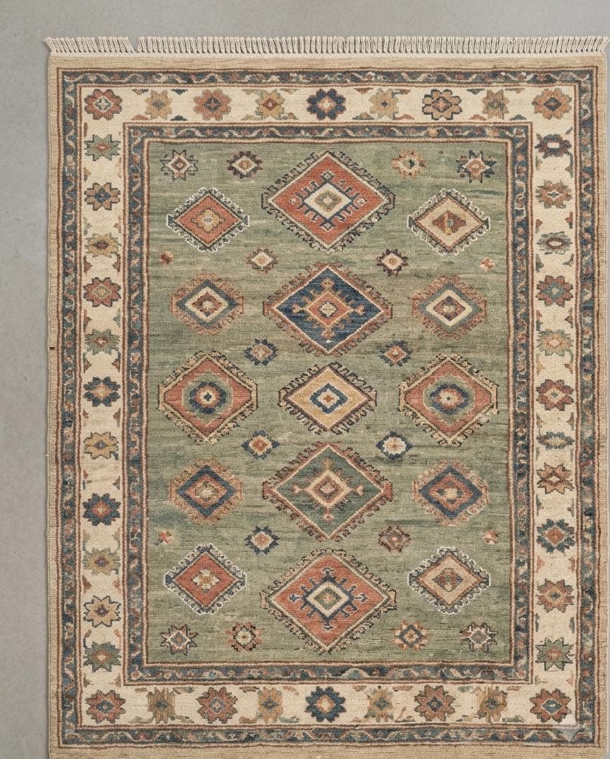 Handmade Wool Kazak Rug, Sage Green Area Rug, Hand Knotted Oriental Rug, Vintage Tribal Carpet, Living Room Rug