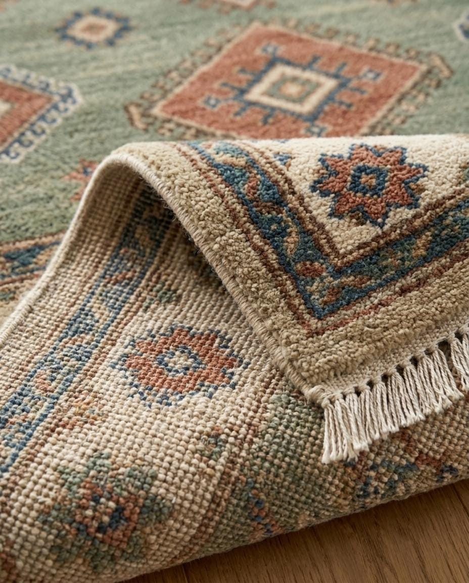 Handmade Wool Kazak Rug, Sage Green Area Rug, Hand Knotted Oriental Rug, Vintage Tribal Carpet, Living Room Rug