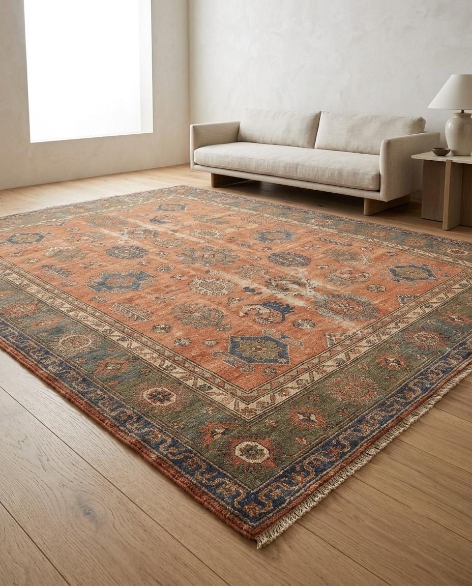 Handmade Knotted Wool Rug, Vintage Tribal Area Rug, Turkish Oushak Style Carpet, Boho Living Room Rug, Custom Size Rug