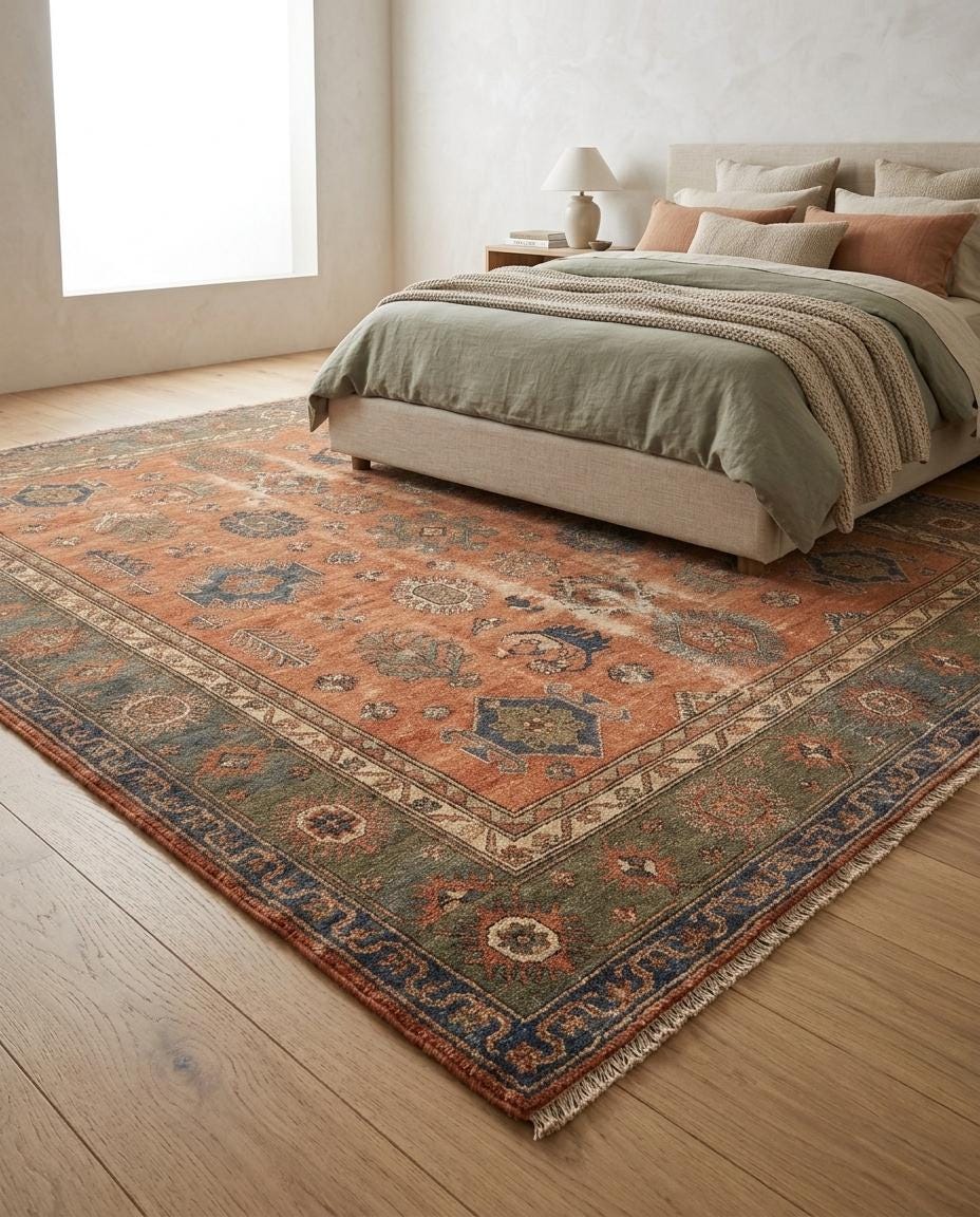 Handmade Knotted Wool Rug, Vintage Tribal Area Rug, Turkish Oushak Style Carpet, Boho Living Room Rug, Custom Size Rug